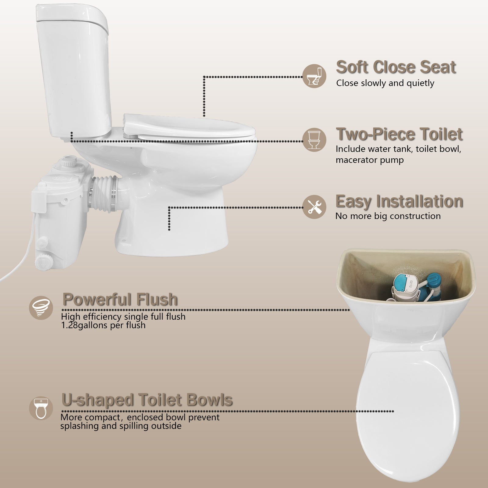 Space-Saving Macerator Toilet with Sewage pump for Restroom MY-FLO500-B PatioZones